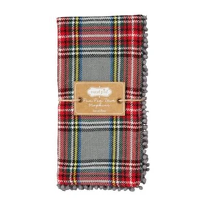 Set 4 tovaglioli di stoffa natalizi Mud Pie Home grigio tartan a quadri con bordo pom - Foto 1 di 2