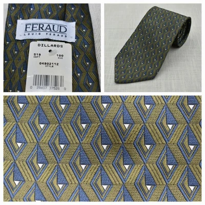 Louis Feraud 领带丝绸橄榄绿色和蓝色设计师礼服套装领带学院风全新带标签  — 第 1/4 张图片
