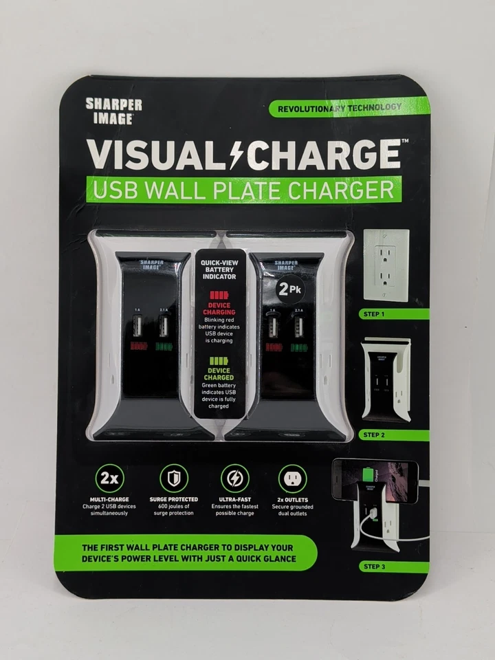 Sharper Image Visual Charge USB Wall Plate Charger 2pk