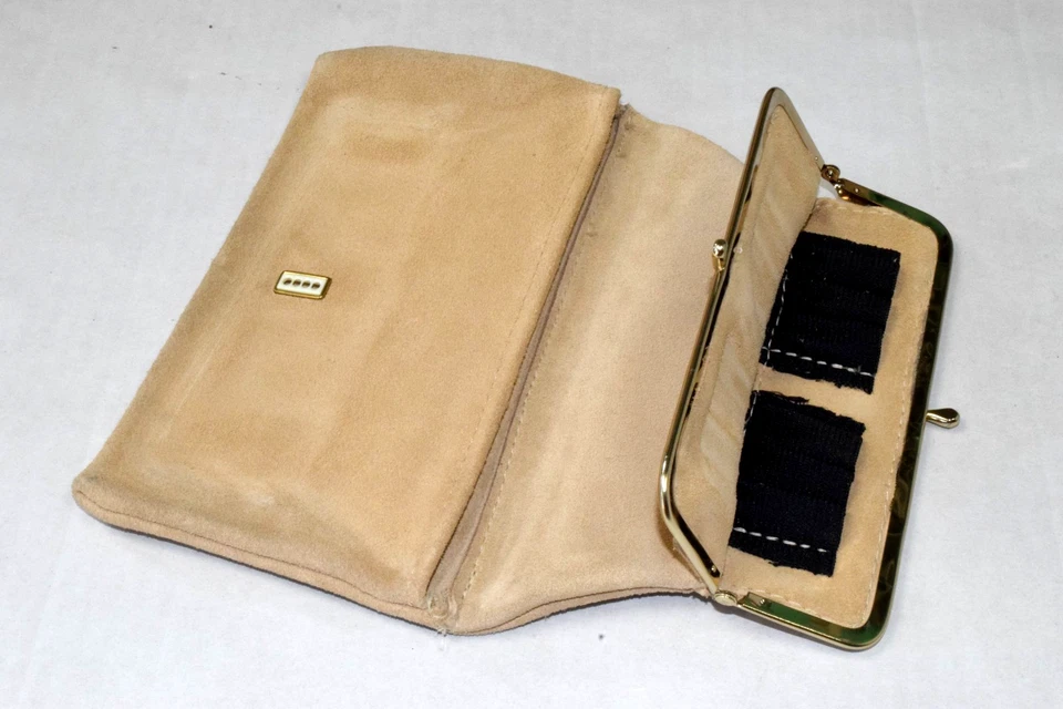 Bolso sin asas plegable vintage de cuero gamuza años 60 beige natural bolsillo secreto 5,5X8,5 pulgadas Foto 1 de 4