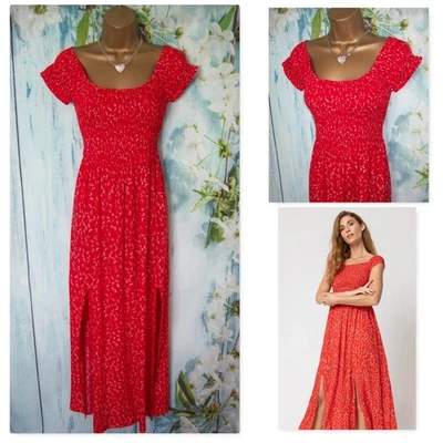 NEW ROMAN DRESS SIZE 14, Red  Floral Shirred Bardot Off shoulder midi Maxi Dress - Imagem 1 de 4