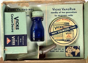 RARE VICKS LABORATORIES BOTTLE VAPORUB SAMPLE SIZE STORE DISPLAY ORIG BOX 1930S - Picture 1 of 16