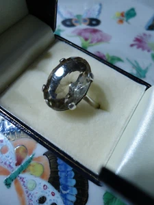 Vintage Deco Huge Solitaire Oval Lemon-Taupe Quartz Silver Ring 1933 UK Hallmark - Picture 1 of 12