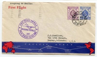 Correo aéreo británico 1937 primer vuelo Macao-Hong Kong a Manila FILIPINA vía PAA Foto 1 de 2