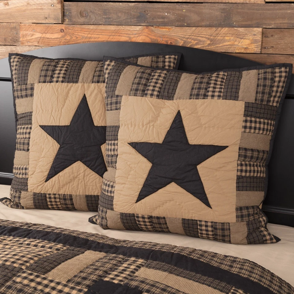 Farmhouse Country Primitive Black Check Star Quilted Euro Sham 26x26 VHC Brands