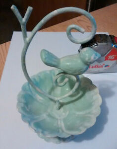 Shabby chic green/white country metal bowl jewelry holder with bird on tree