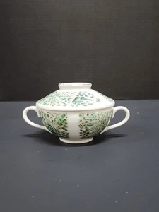 Bouillon Cup With Lid Handles Green Jade Gold Flower Bamboo Hong Kong - Picture 1 of 23
