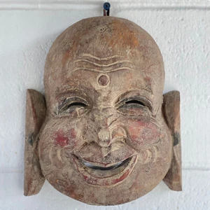 Nepali Laughing Buddha Hotei or Pu-Tai Hand Carved Vintage Wood Mask 1960s - Picture 1 of 5