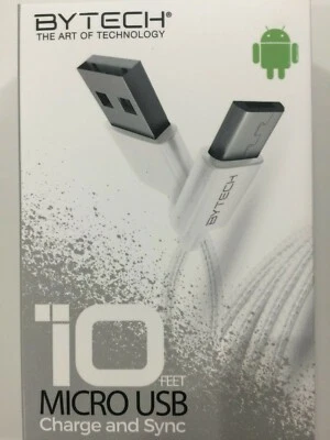 BYTECH 10 ft Micro USB Cable Sync & Charge Model# BY-MP-CA-702-WT NEW - Image 1 of 2