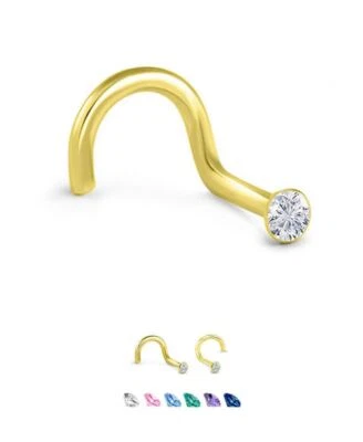 18KT Yellow Gold 925 Sterling Silver Nose Ring Stud Screw 1mm Glued CZ 22G - Image 1 of 2