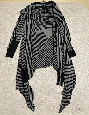 Venini Mujer Cascada Cárdigan Abrigo Abierto Gris Negro Raya Larga Petite L Foto 1 de 4