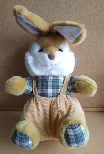 VINTAGE SITTING RABBIT SOFT TOY with CORD DUNGAREES & TARTAN BODY by VITCO LTD. - Picture 1 of 12