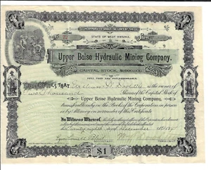 IDAHO 1897 Upper Boise Hydraulic Mining Company Stock Certificate #72 - Picture 1 of 2