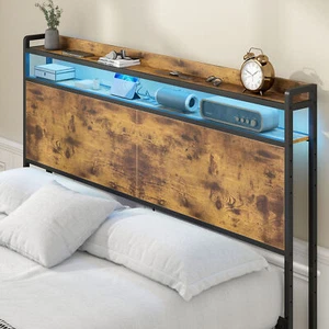 Queen Size Storage Headboard Upholstered with LED Light Charging Station - Picture 1 of 9