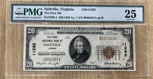1929 $20 National SALTVILLE, VA Type 1 PMG VF25 Charter #11265 Rare!! 948920-2 - Picture 1 of 2