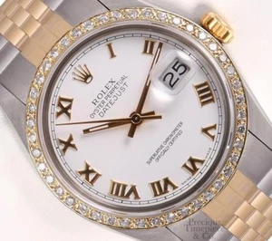 Rolex Datejust Two Tone Gold/SS 18k Diamond Bezel-White Roman Dial 36mm Watch - Picture 1 of 5