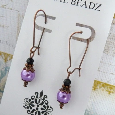 Pendientes Victoriano Estilo Vintage Periwinkle Púrpura Perla Cristal Negro Cobre Foto 1 de 2