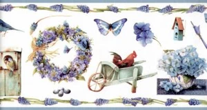 Country Birdhouse Hydrangea Butterfly Garden Rooster Wallpaper Border 15'L x 9"W - Picture 1 of 2