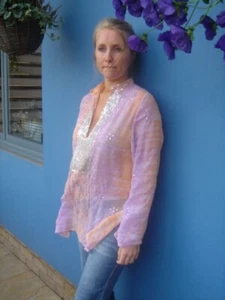 NEW MILAFALCO TIE DYE SEQUIN SUMMER BEACH TUNIC TOP BLOUSE SHIRT SIZE 10 12 M - Picture 1 of 6