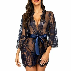 Womens Kimono Eyelash Lace Babydoll Lingerie Long Sleeve Mesh Nightgown G-String - Picture 1 of 19