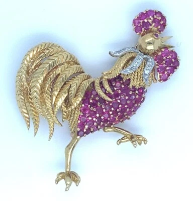 Tiffany & Co. 18k Amarillo Oro Y Platino Rubí y Diamante Gallo Broche - Imagen 1 de 4