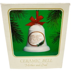 Vintage Hallmark Ornament Porcelain Bell for Mother & Dad Ceramic White Red 1984 - Picture 1 of 5