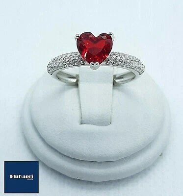 Anello Donna in Argento 925 Anello Solitario Cuore ROSSO 8mm con zirconi bianchi - Immagine 1 di 4