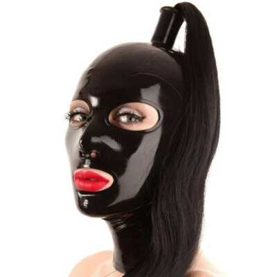 Latex Hood with Black Ponytail Wig Back Zipper Rubber Mask with Hair Pigtail - Image 1 of 2