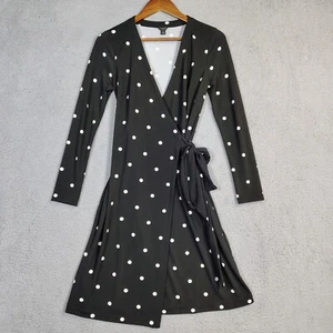Ann Taylor Wrap Dress Women's 4 Petite Black White Polka Dot Long Sleeve Preppy - Picture 1 of 10