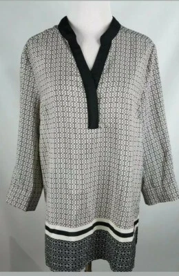 Blusa Top Silkland Geométrica Manga 3/4 Escote en V Negra/Blanca Talla Grande Foto 1 de 4