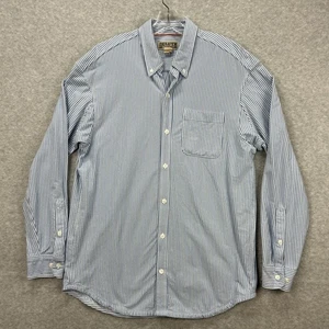 Duluth Trading Shirt Mens Large Blue Hickory Stripe Train Conductor Stretch Soft - Picture 1 of 6