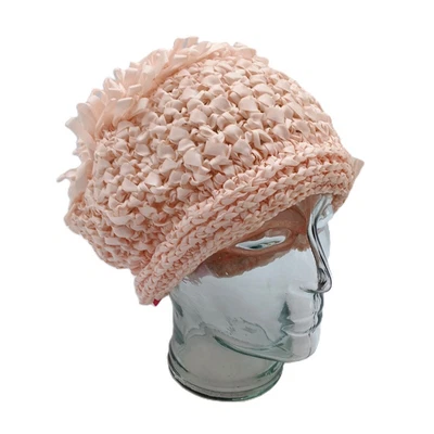 VTG Peach Knit Flapper Bonnet Hat Grosgrain Ribbon 1920s Beach Style Cap - Image 1 of 4
