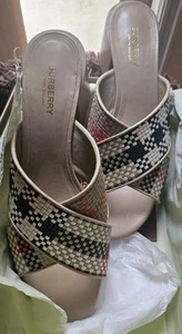 Burberry Beige Woven Check Latticed Block Heel Sandals 41 - Picture 1 of 15