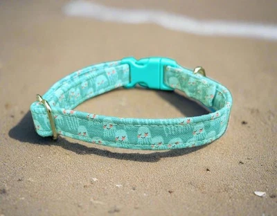 16mm 8-12" Jellyfish On Sea Green Fabric Adjustable Buckle Puppy/Dog Collar XS - Image 1 of 2