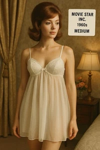 Vintage 1960s Sheer White Nylon Lace Babydoll Nightgown Medium M USA RN 15411 - Picture 1 of 8