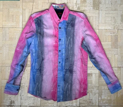 Mondo 粉色和蓝色粗条纹抽象纽扣衬衫(标记 M 适合 S) — 第 1/4 张图片