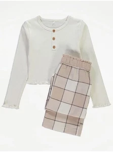 NEW George Girls Cream Ribbed Top & Checked Wide Leg Pyjamas Size 7-8 Years - Picture 1 of 3