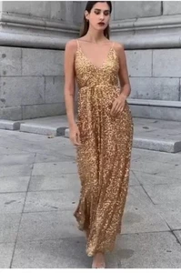 $199 NWT Zara Limited Edition Gold Sequined Maxi Dress Prom Gown Strappy Sz S - Picture 1 of 16