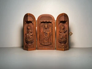 Old Collection Woodcarving - Nanhai Guanyin Three Open Box Decoration “文殊普贤菩萨” - Picture 1 of 6