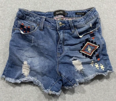 Nanette Lepore Sz 6 Mid Rise Jean Short Aztec Embroidered Print Frayed Hem - Image 1 of 4