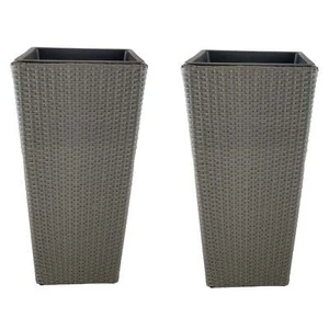 2 Piece - Tall Outdoor Wicker Poly Rattan Planter - Large 35x35x70cm - Grey - Picture 1 of 6