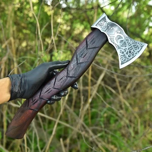 Handmade Viking Engraved Axe - Etched Carbon Steel Blade Custom Viking Handle - Picture 1 of 5