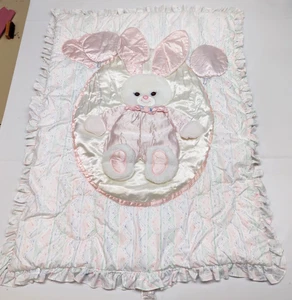 Vtg Lambs & Ivy Bunny Balloons Appliqué Hearts Crib Quilt Sheet~Blue Pink White - Picture 1 of 16