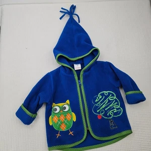 Hanna Andersson Fleece Elf Hood Zip Up Jacket 70 6-12m Blue Green Owl Top - Picture 1 of 7