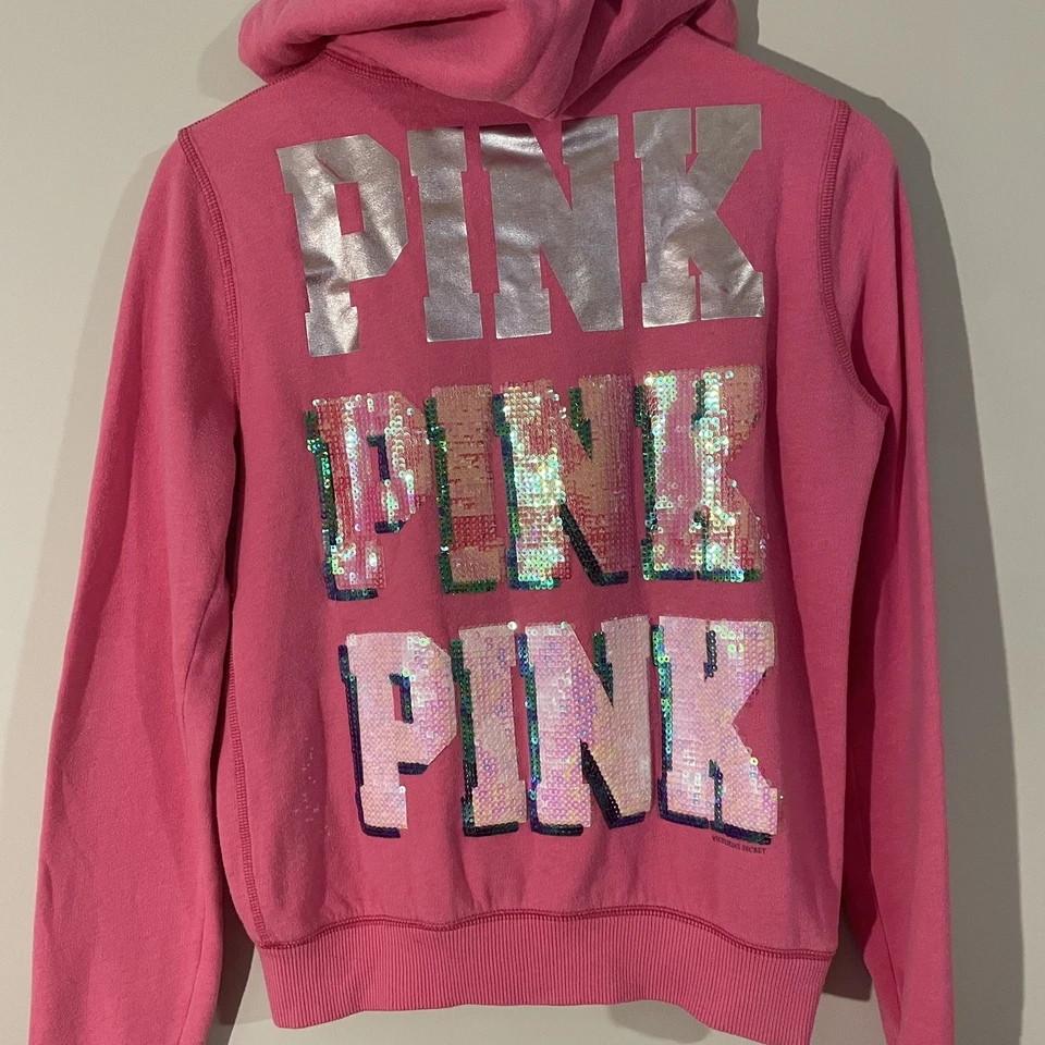 Y2k Victorias Secret VS PINK Full Zip Bling Sequin Pink Hoodie Sweatshirt Small - Image 1 of 4