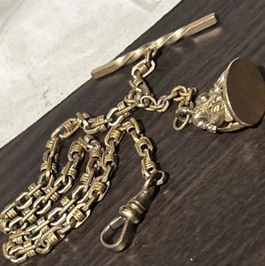 Vintage Ornate JFSS Gold Filled Watch Chain T Bar With Gold Fill Wax Seal Fob - Picture 1 of 11