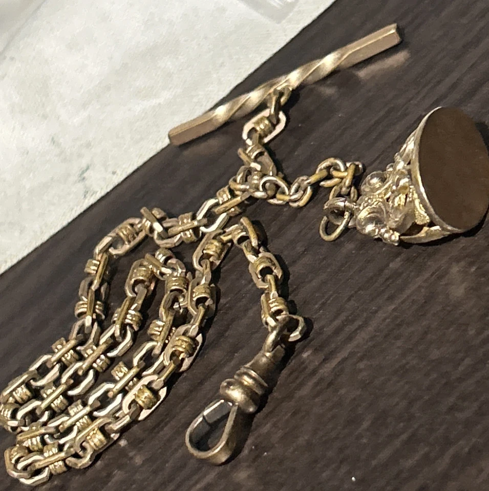 Vintage Ornate JFSS Gold Filled Watch Chain T Bar With Gold Fill Wax Seal Fob - Image 1 of 4