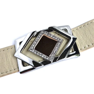 Brazalete de cuero beige WHBM tono plata estrás bronce palanca talla 7 Foto 1 de 4