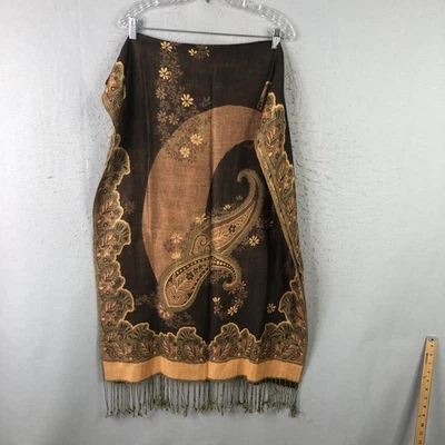 Pashmina Bufanda Mantón Mujer Talla Única Marrón Negro Paisley Flecos Mezcla Seda Foto 1 de 4