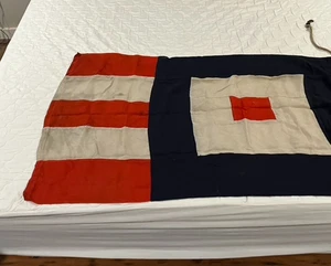 VTG Original WWII US Naval Signal Flag Whiskey? Stripes Cotton Hemp Rope 51x32" - Picture 1 of 24